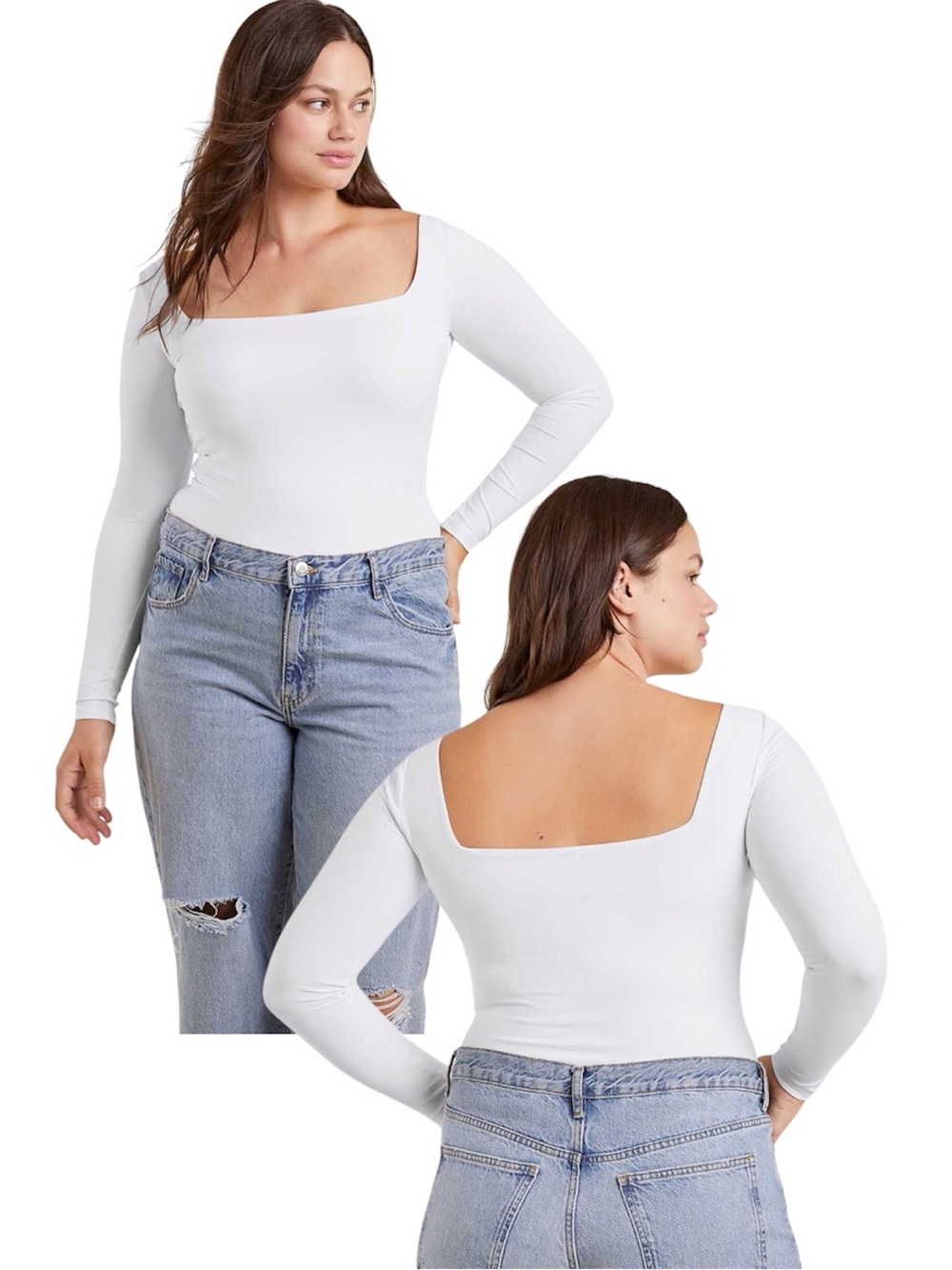 nuuds White Long Sleeve Square Neck Bodysuit